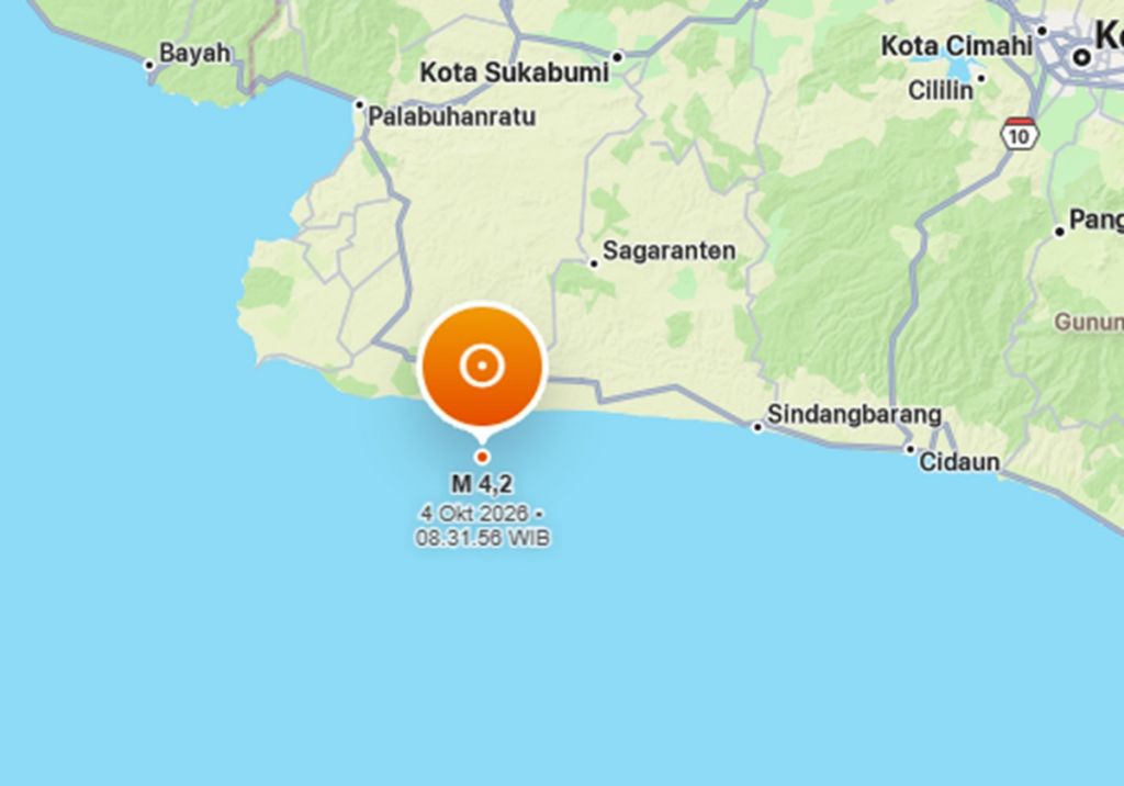 Gempa M 4,2 Guncang Laut Sukabumi, Getaran Terasa hingga Cianjur